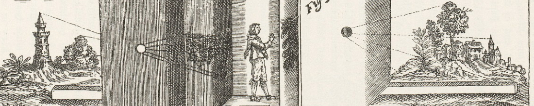 Engraving of a camera obscura projecting an image of the world outside.