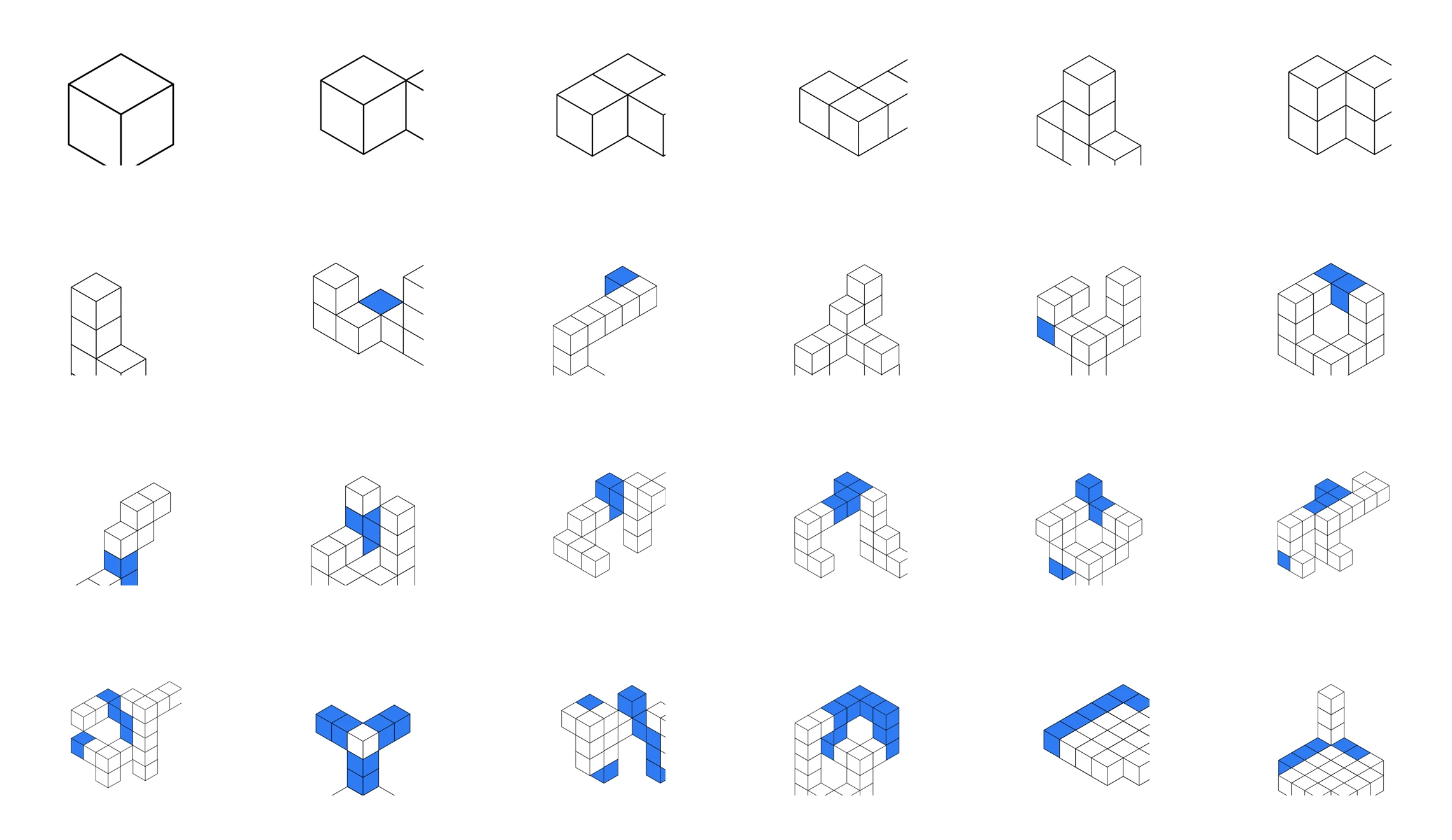Twenty-four block structures, from a single cube to twenty-five, individual cubes filling blue as the work is done.