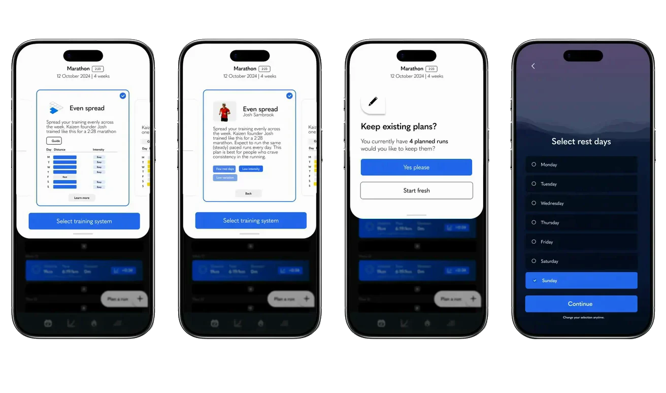 Eight screens of the Even spread onboarding flow: choosing a training system, keeping existing plans, selecting rest days, and the plan generating.