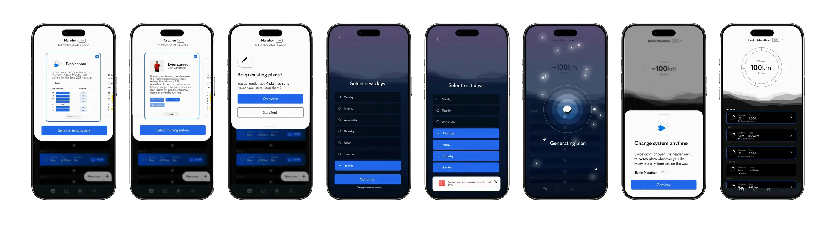 Eight screens of the Even spread onboarding flow: choosing a training system, keeping existing plans, selecting rest days, and the plan generating.