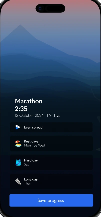 The finished plan: marathon target, race date, and the week&rsquo;s shape as even spread, rest days, hard day and long day.