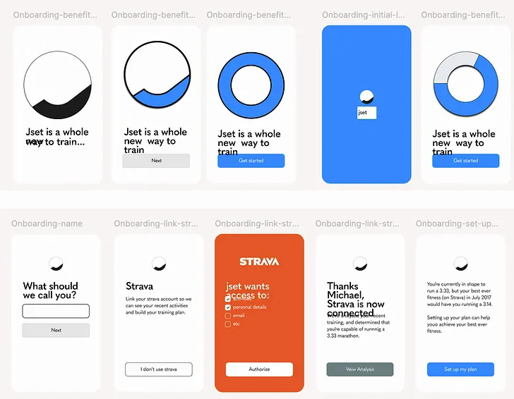 Ten early wireframe screens of the Kaizen onboarding flow, set in blue and white.