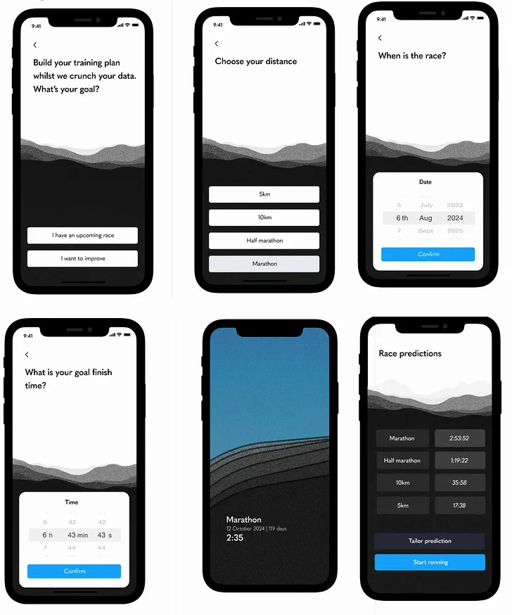 The onboarding Kaizen already had: six black and white screens asking for goal, distance, race date and target time, ending on race predictions.
