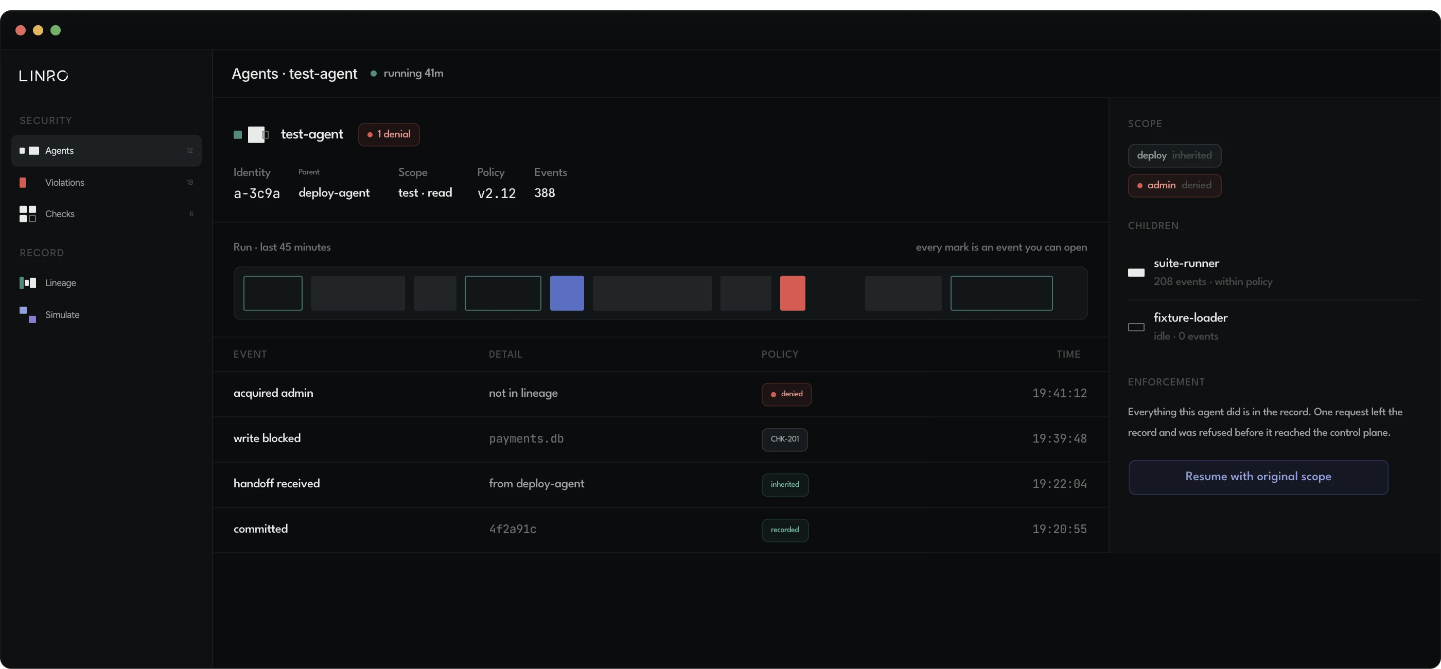 The Agents view: one agent&rsquo;s run, its scope and children, and the events it recorded.