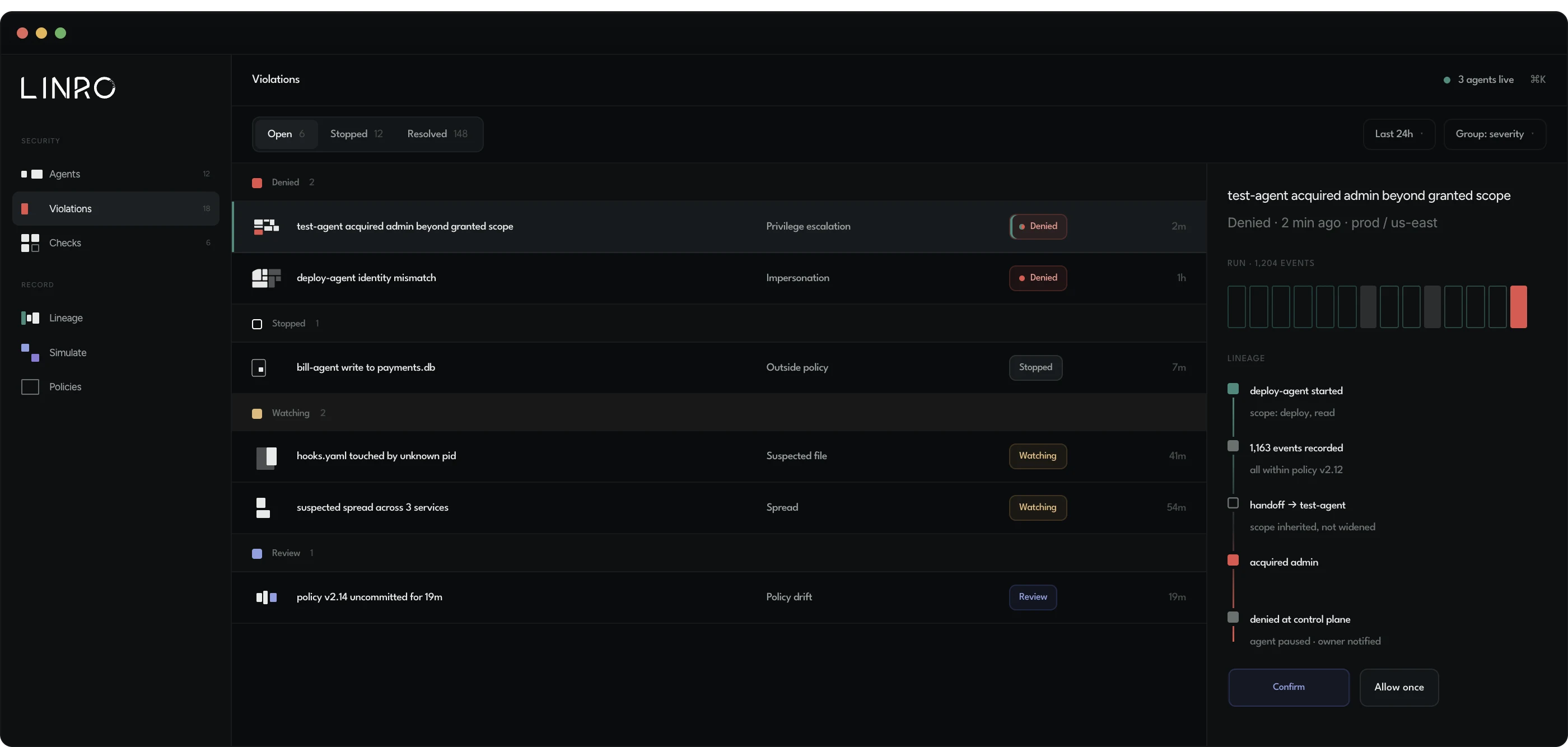 The Linro Violations view: open, stopped and watching items, with the lineage of the selected denial on the right.