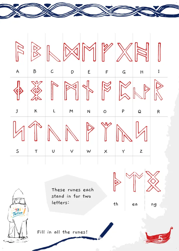 Runes workbook spread with a rune alphabet to fill in.