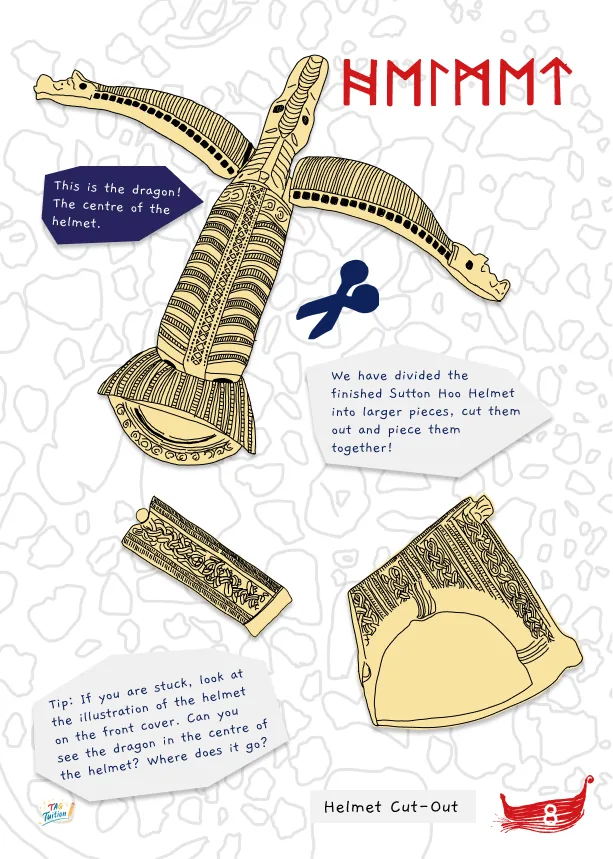 Sutton Hoo workbook spread showing the completed helmet cut-out.