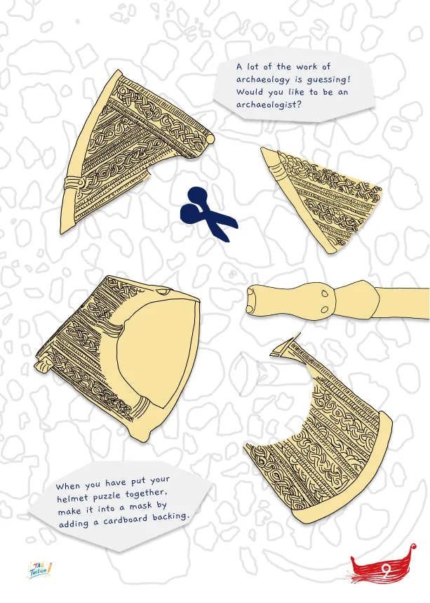 Sutton Hoo workbook spread with helmet fragments to reassemble.